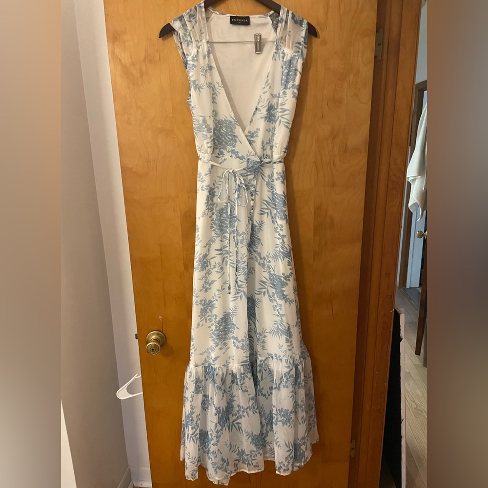 Blue and white long wrap dress